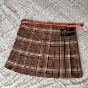 Brown Plaid Pleated Mini Skirt with Buckles